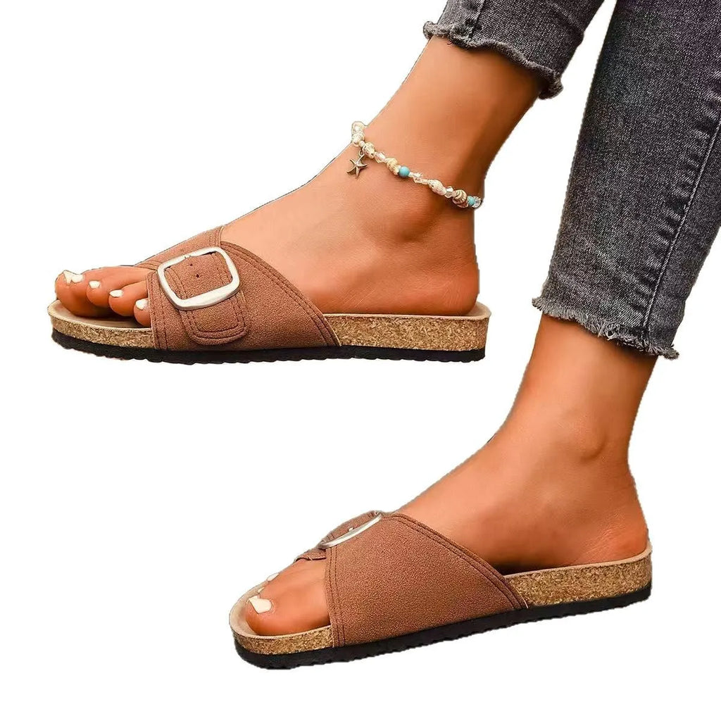 Women's open toe sandals with belt buckle, canvas upper, shown in black, dark brown and light grey