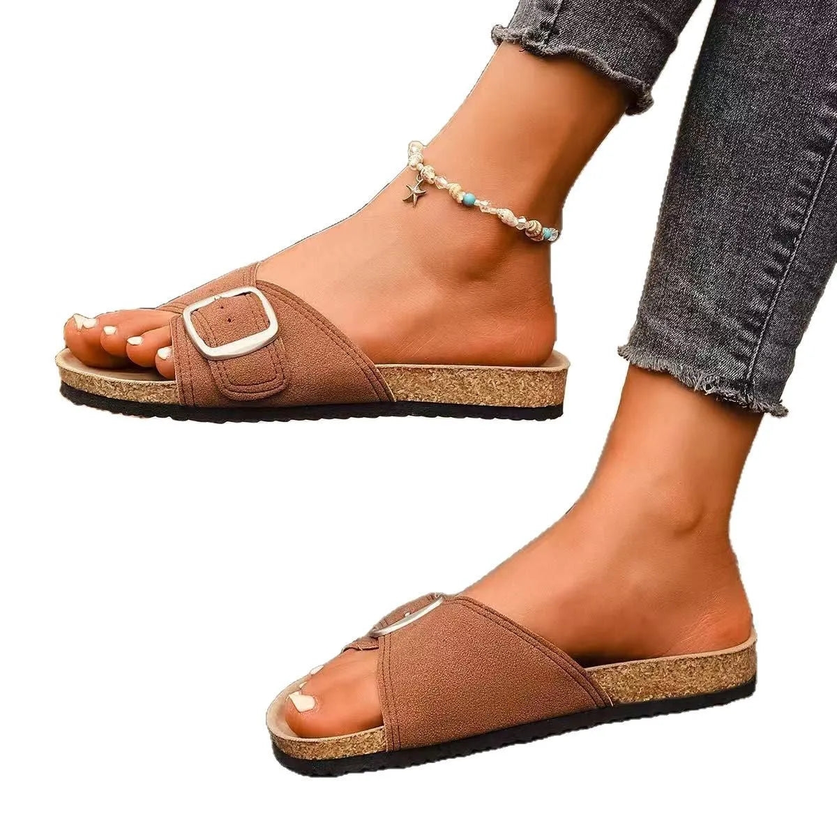 Women's open toe sandals with belt buckle, canvas upper, shown in black, dark brown and light grey