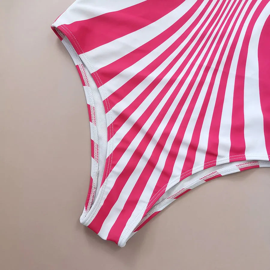 Pink and white striped one-piece swimsuit for women on a mannequin, showing front and back digital print positioning.