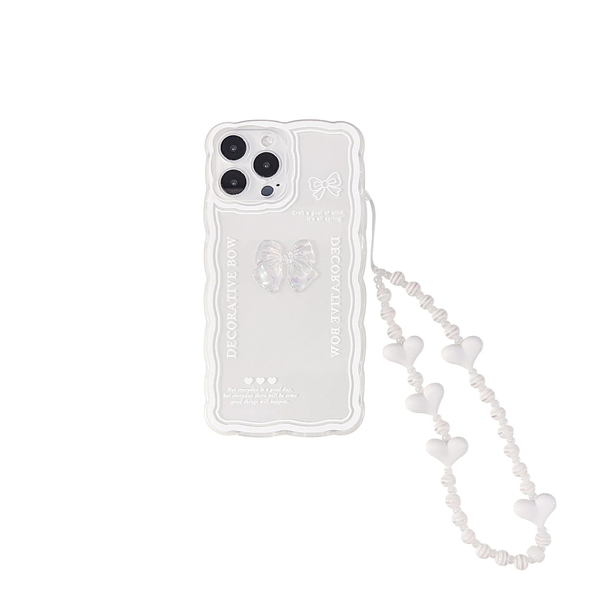 Transparent iPhone case with a 3D ice-through bow on the back and a white love lanyard.