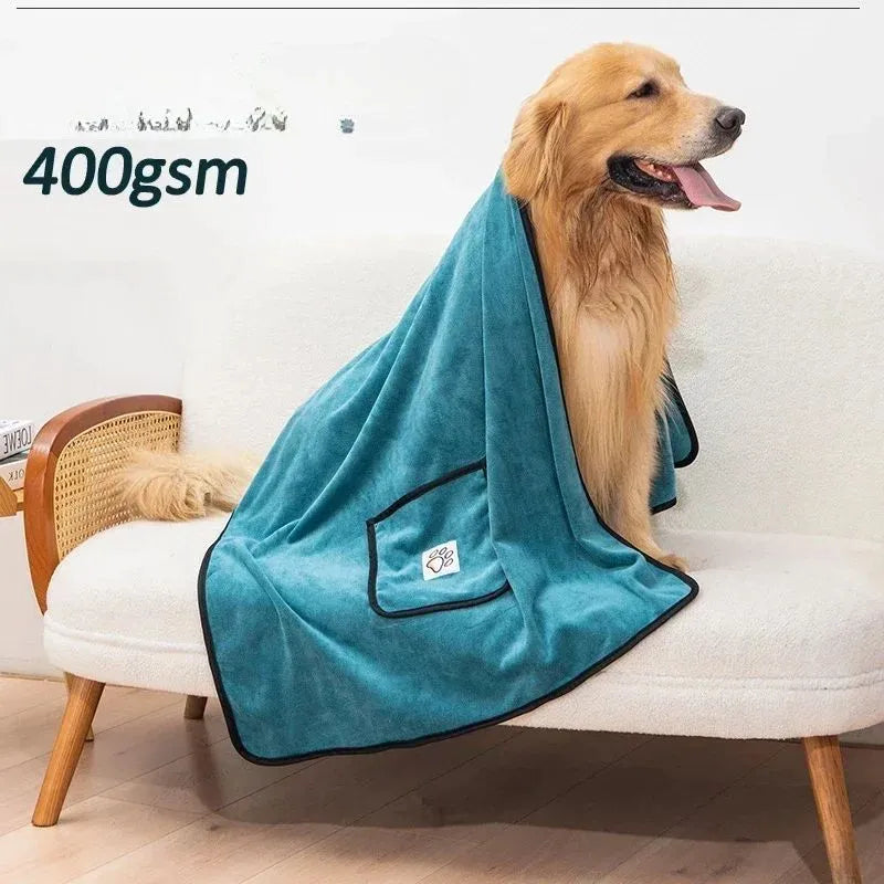 Dog bath towel with glove pocket in blue, brown, gray, green or pink, sizes L 130x70cm and M 100x50cm