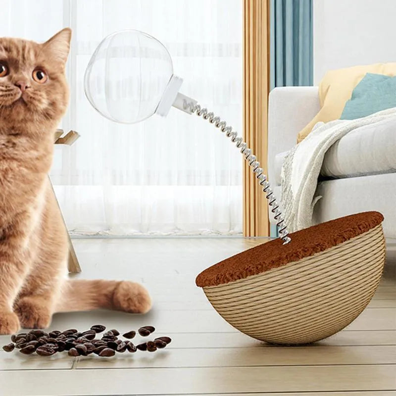 Interactive cat slow feeder puzzle toy with rope, plastic and metal components in four different designs