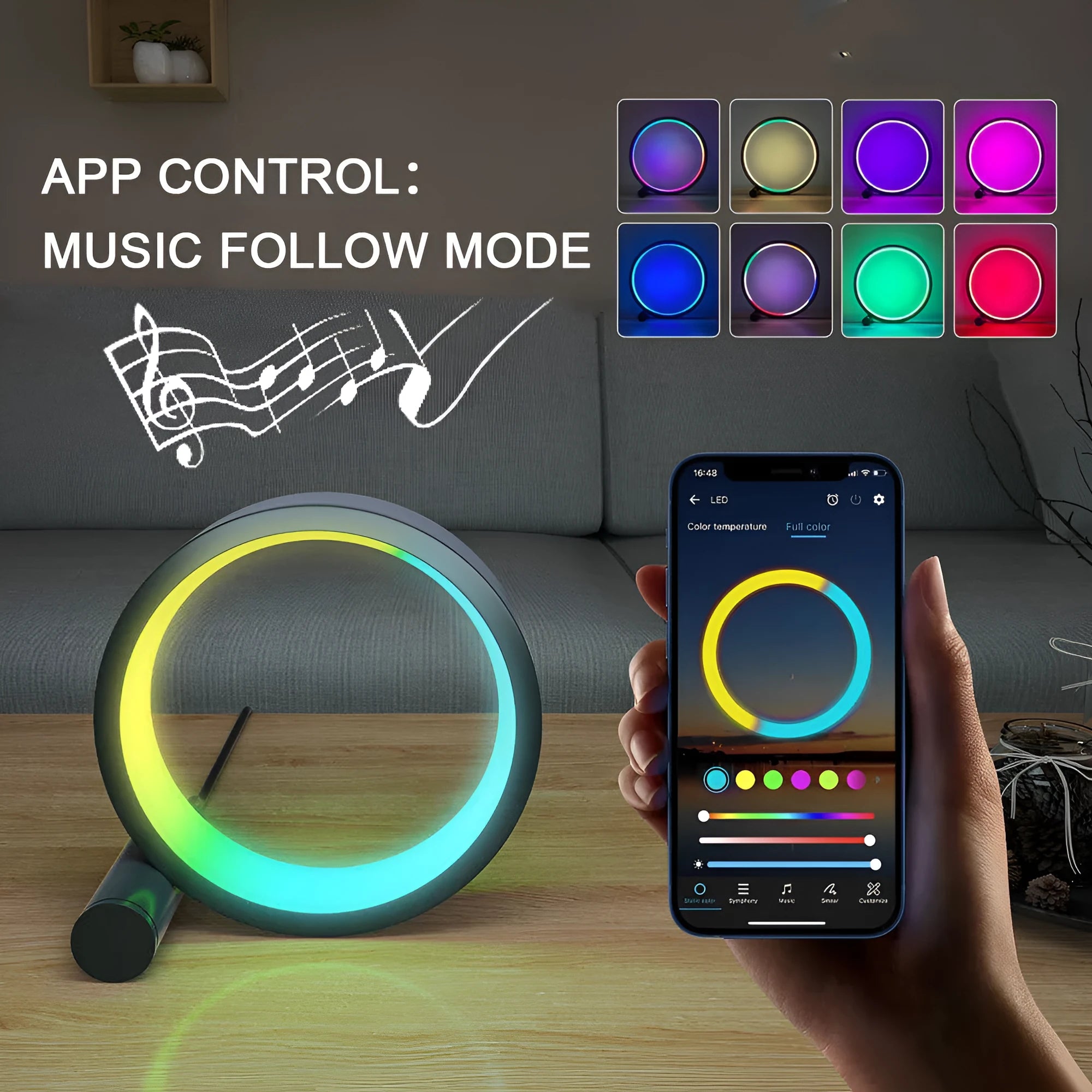 Smart aluminium alloy LED night light with music sync and app control in 6-inch and 10-inch sizes.