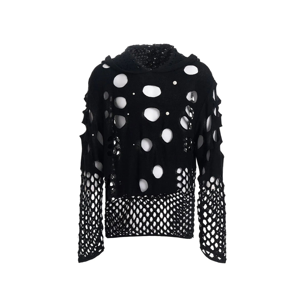 Black men's loose fit hooded sweater with hollow knit texture and pearl detail on the hood.