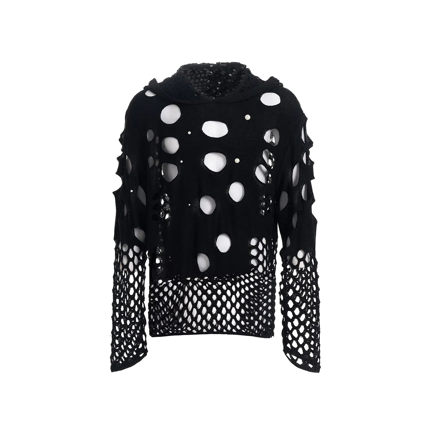 Black men's loose fit hooded sweater with hollow knit texture and pearl detail on the hood.