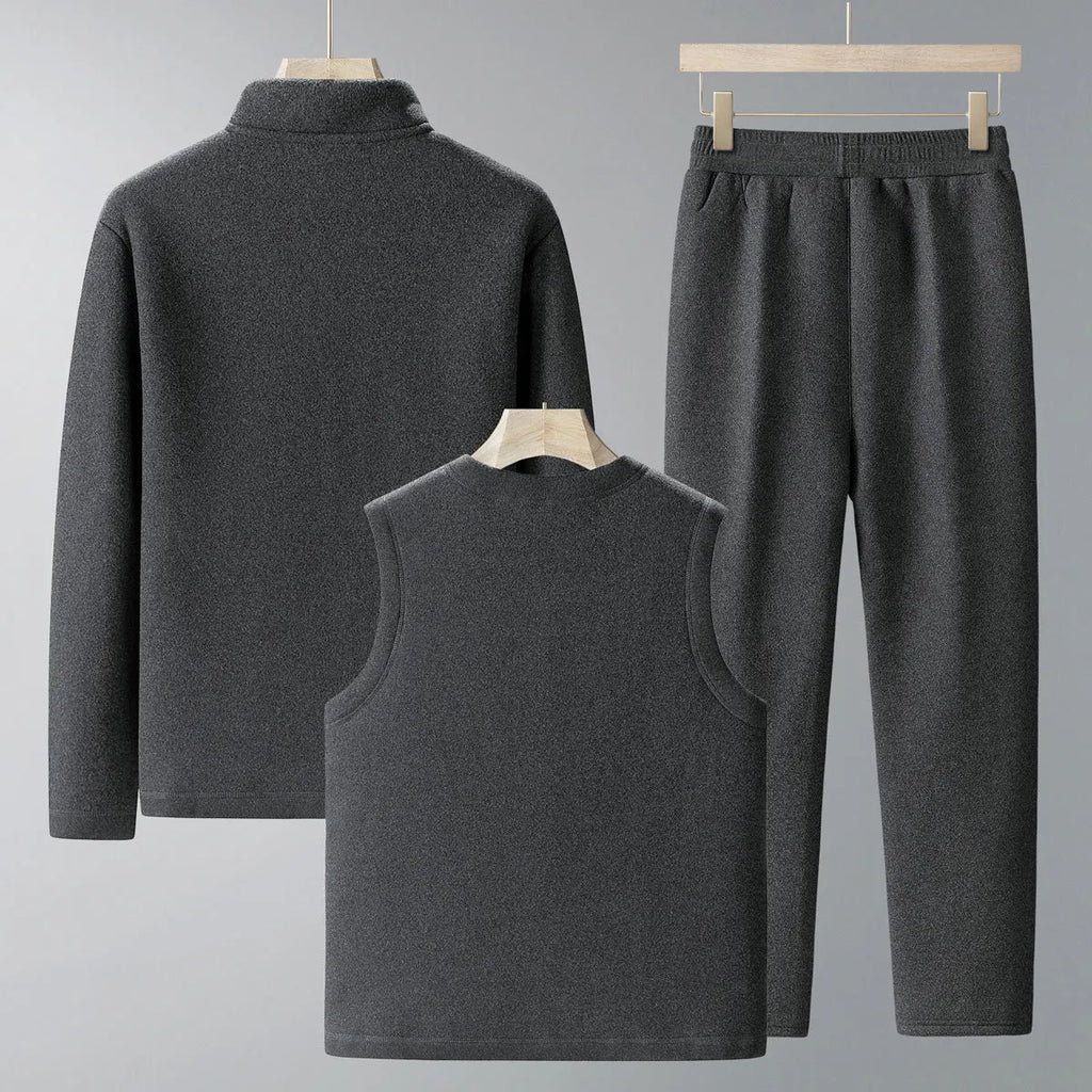 Men wearing dark gray velvet sport suit with long-sleeve jacket and trousers, wool lined winter tracksuit