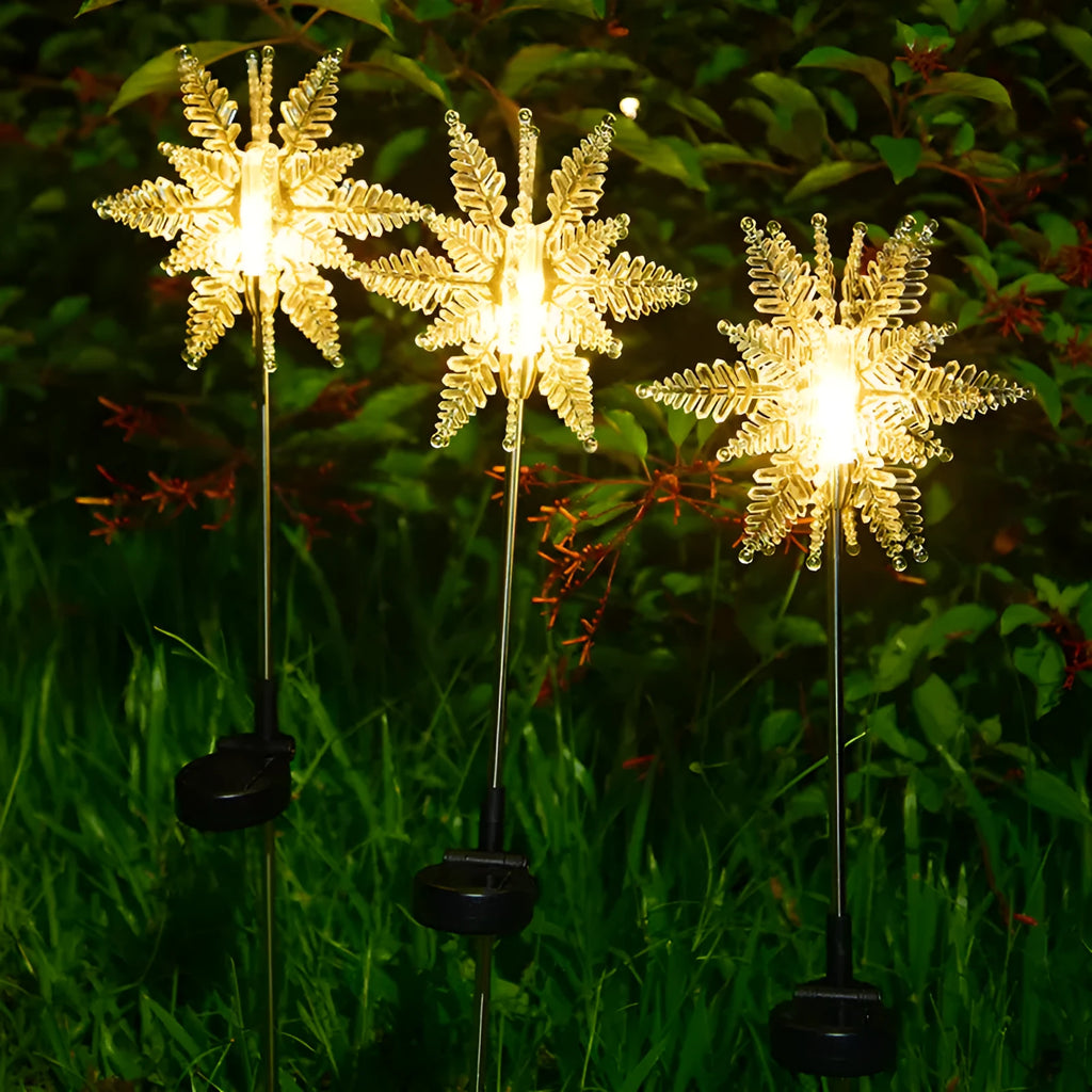 LED solar snowflake lawn light in warm white with 2V 100mA solar panel and waterproof outdoor design