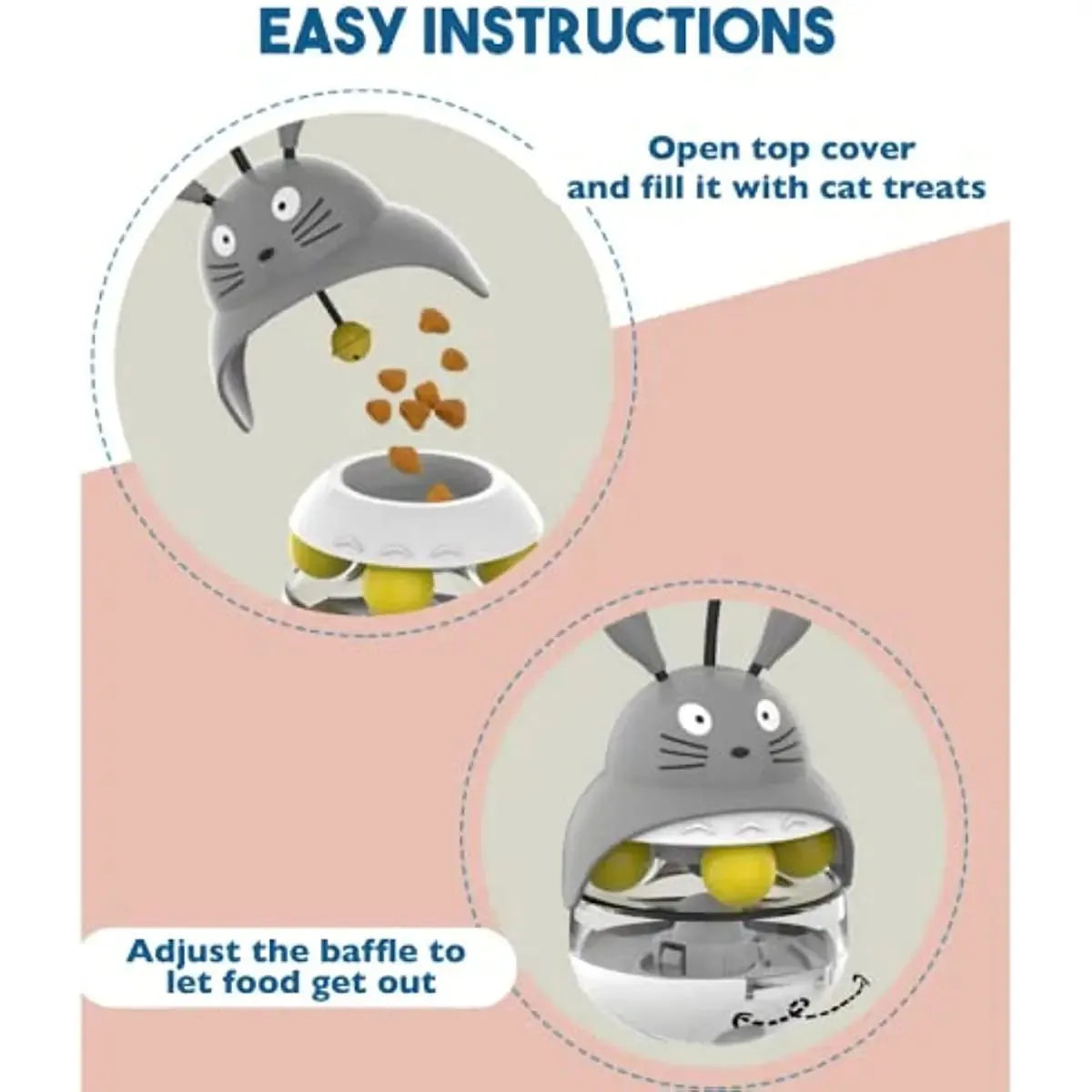 Interactive cat feeder toy in car shape with treat dispenser and sounding bell, available in brown, gray, pink, and white