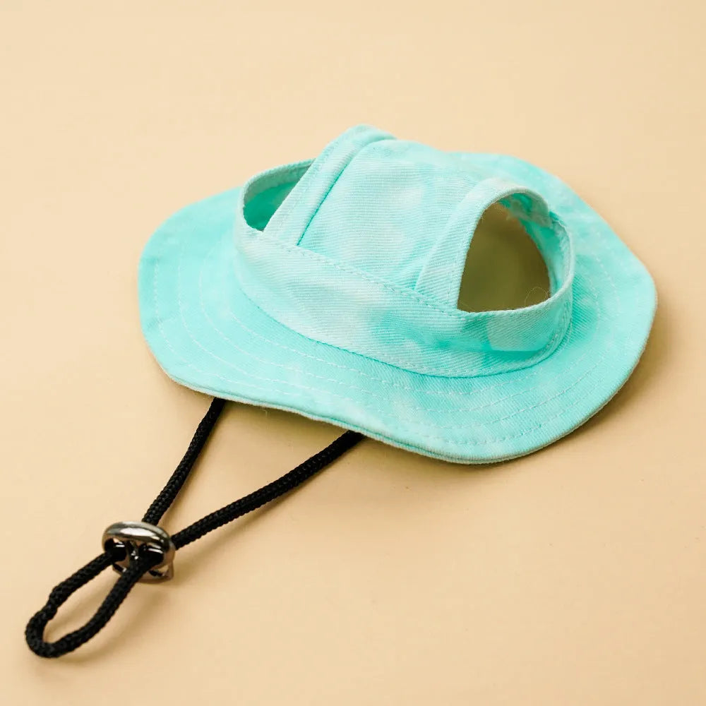Pet sun hat for dog and cat with adjustable chin strap, polyester bucket style, available in multiple tie-dye colours