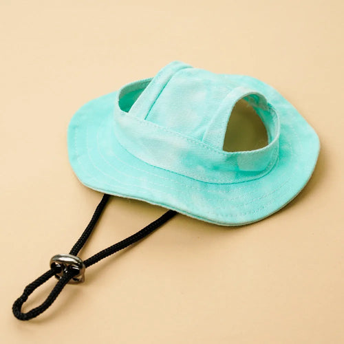 Pet sun hat for dog and cat with adjustable chin strap, polyester bucket style, available in multiple tie-dye colours