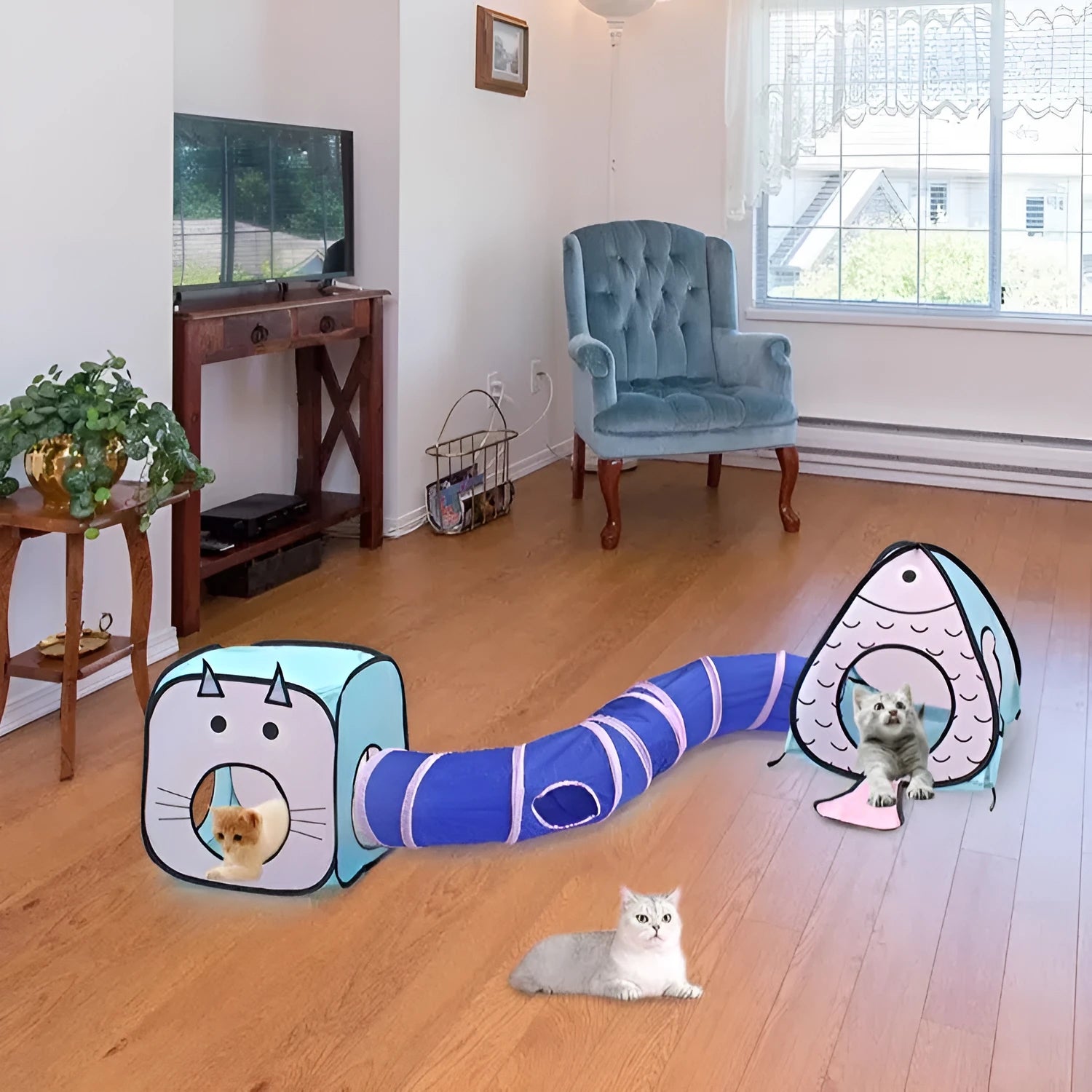 Foldable pet tent cat tunnel three-piece set with Cat and Fish design