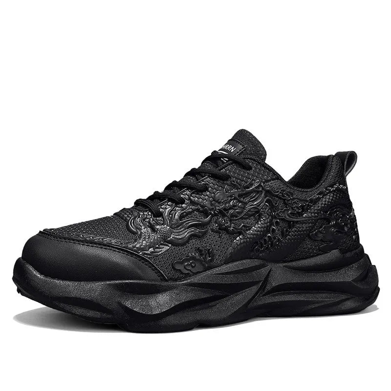 Chinese dragon pattern fly knit casual sneakers with rubber soles in four colour options