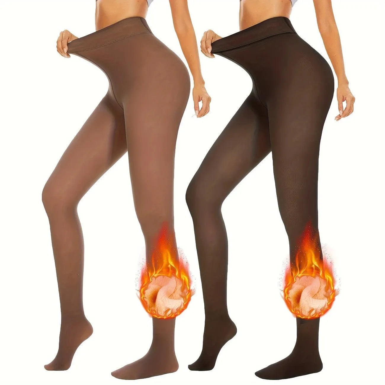Women's anti-snagging thermal leggings in black and coffee colours showing wool lining and footed style.