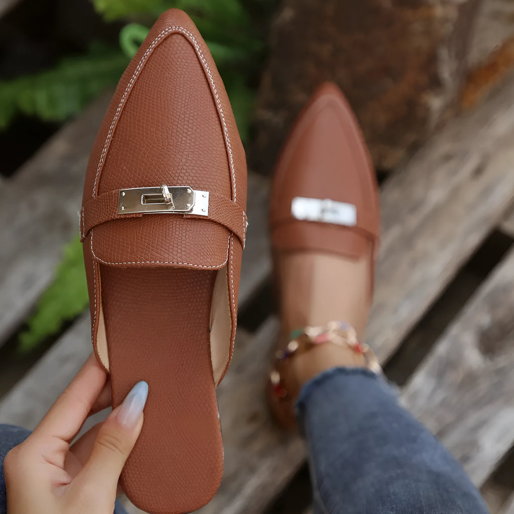 Light brown women's pointed-toe casual semi-slippers with a low heel and rubber sole.