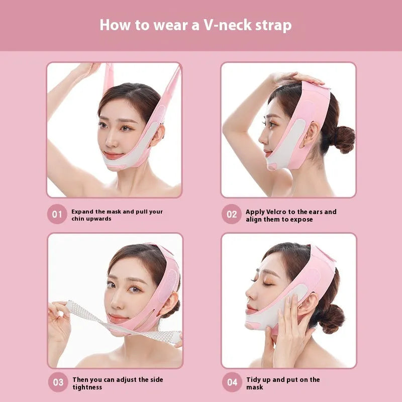 Pink and black elastic V-shaped face bandage for facial contouring and skin care.