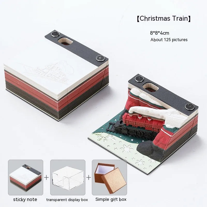 Creative 3D sticky notes pad with carved Qingshui Temple paper sculpture and a Christmas Train design cover.