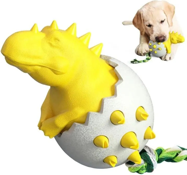 Blue dinosaur-shaped dog chew toy with rubber body and nylon rope tail.