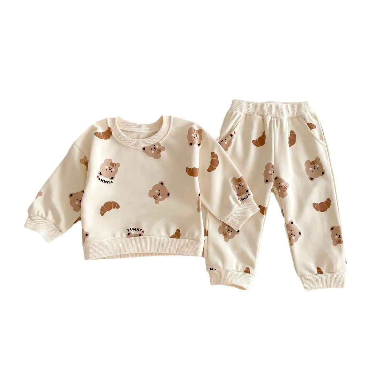 Bear round neck long-sleeve cotton suit with animal cartoon pattern, shirt and pants set in Bear or Flying Fish colours