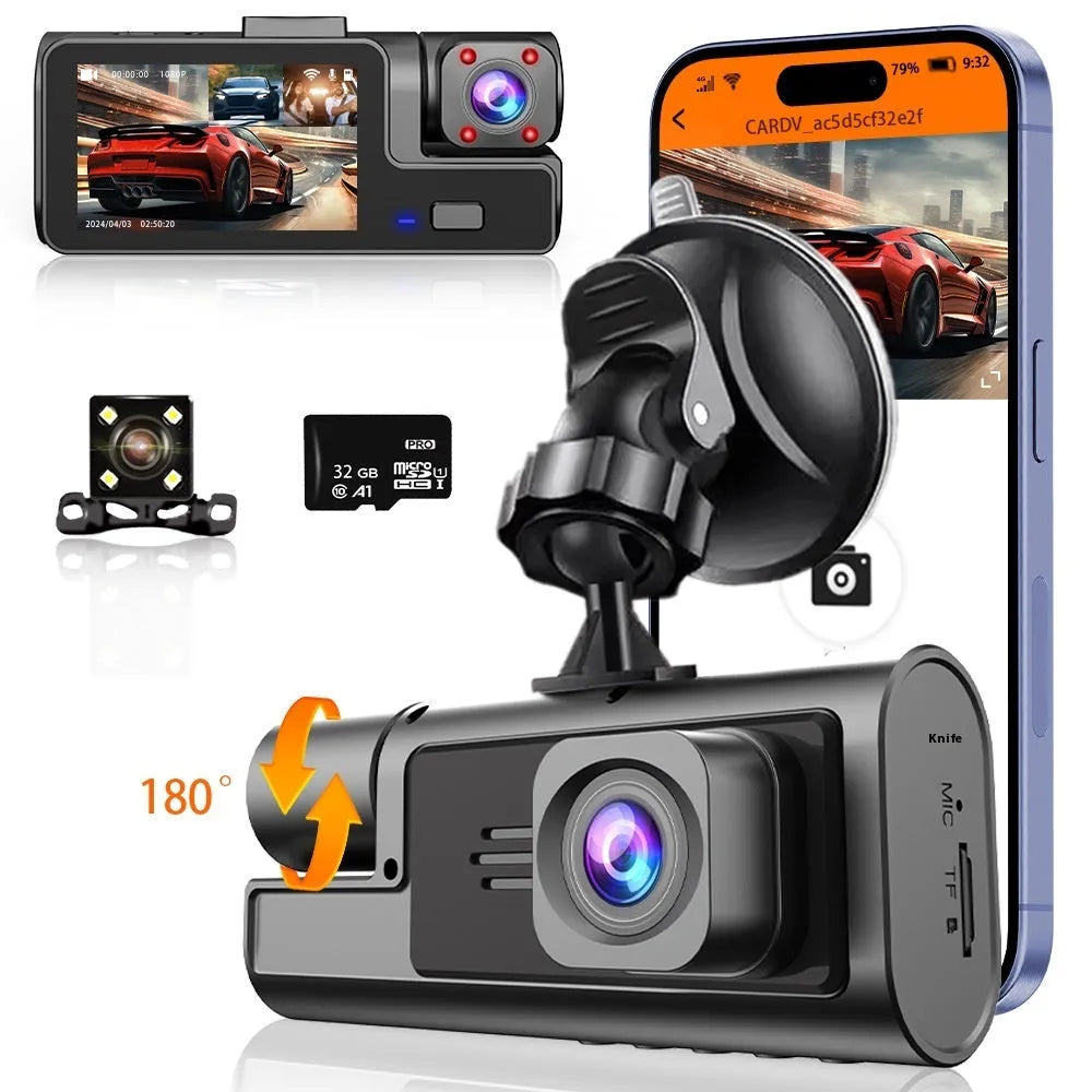 Black WiFi driving recorder with 2-inch screen mounted on car windscreen, showing dual camera setup.