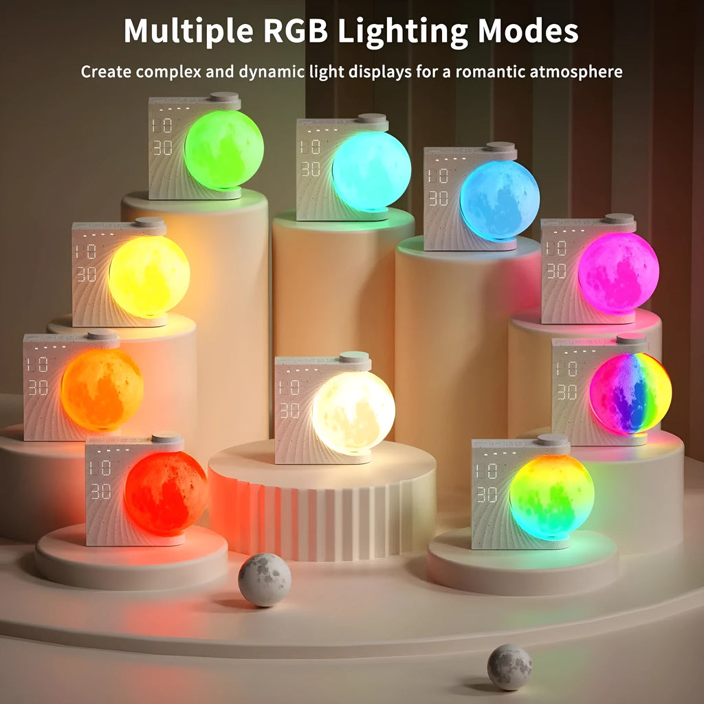 Wake up light alarm clock with sunrise simulation, colourful ambient lighting, and dual alarm, shown on a bedside table