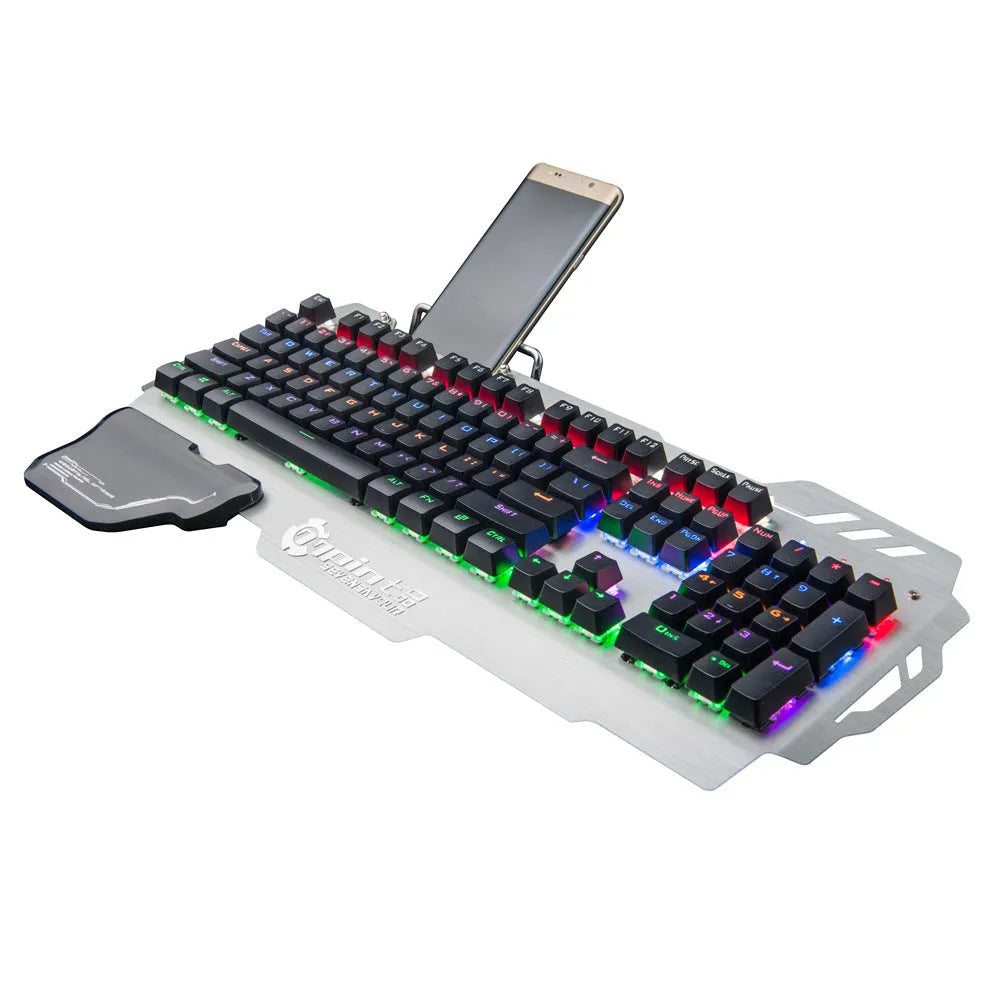 Silver metal gaming keyboard with detachable wrist splint on desktop