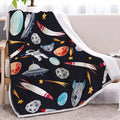 Black astronaut themed sherpa fleece blanket with hemmed edges, available in 130x150cm and 150x200cm sizes.