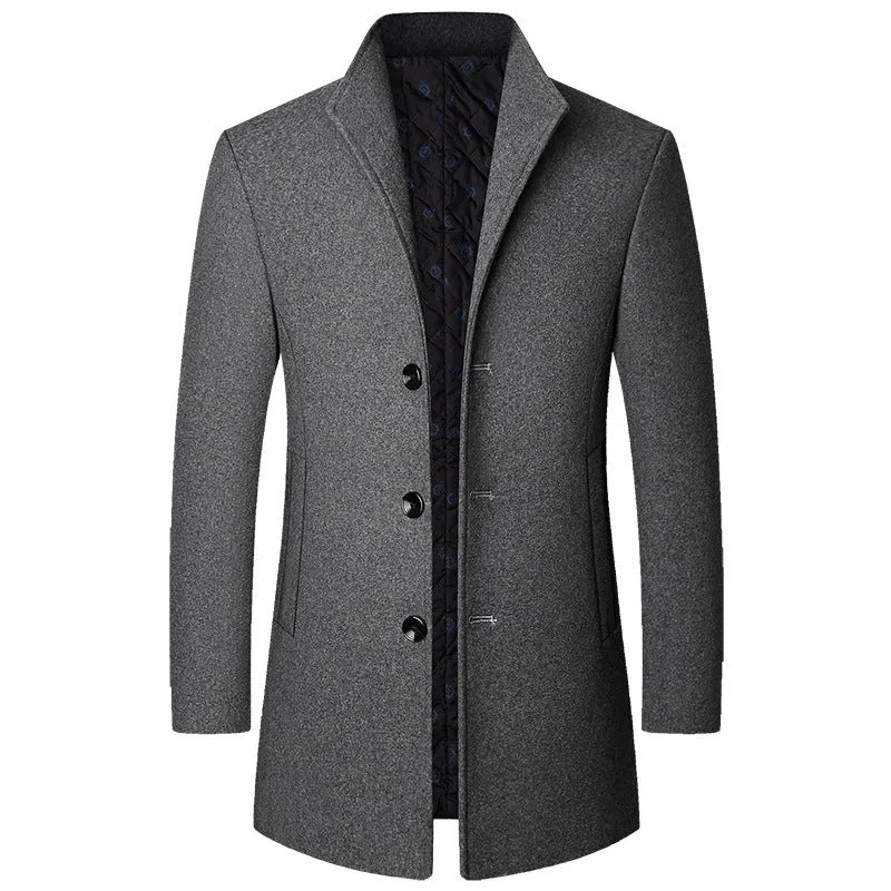 Men's casual woolen coat in solid colour, light business style, front view, available in multiple sizes and colours.