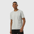 Man wearing a light grey quick-dry polyester short sleeve sport shirt with reflective details.