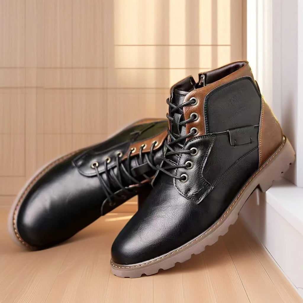 Men's brown casual ankle boot with a side zip and round toe on a rubber sole.