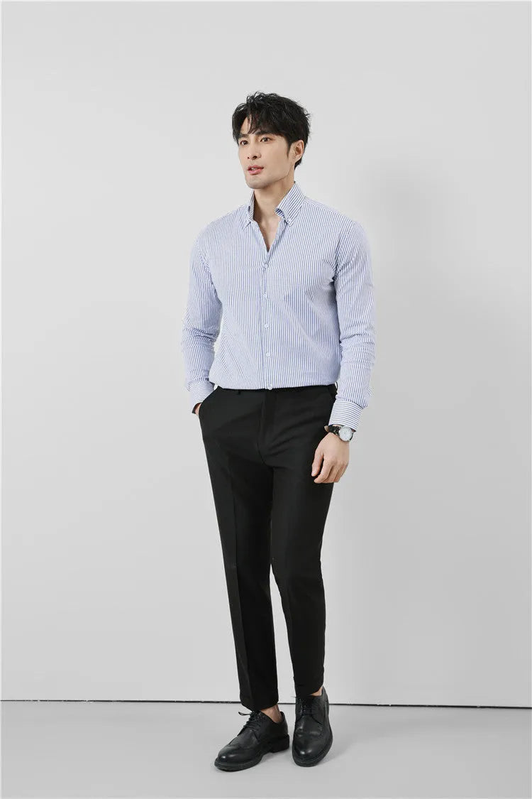 Men's striped V-neck long sleeve shirt, slim fit, stand collar, black or blue, sizes M to 3XL
