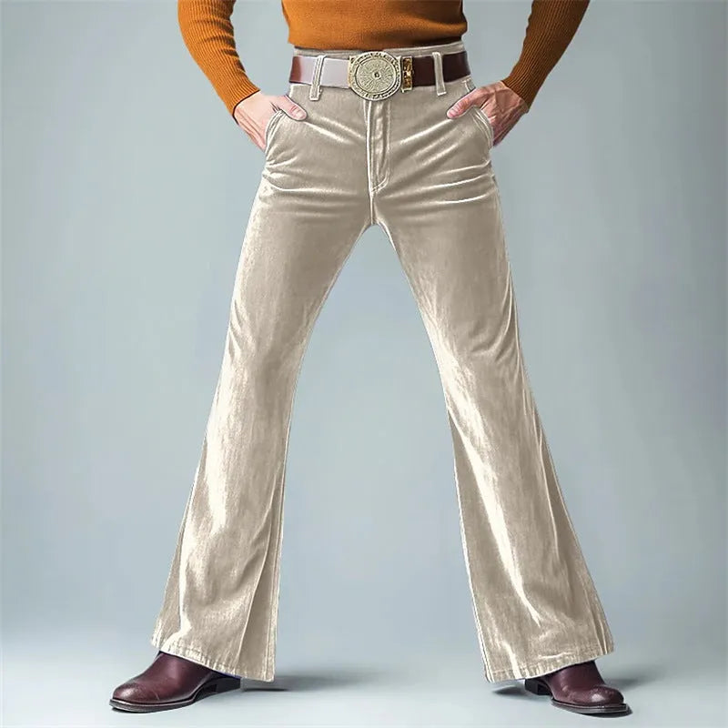 Men's gold velvet slim flared suit trousers in dark red colour