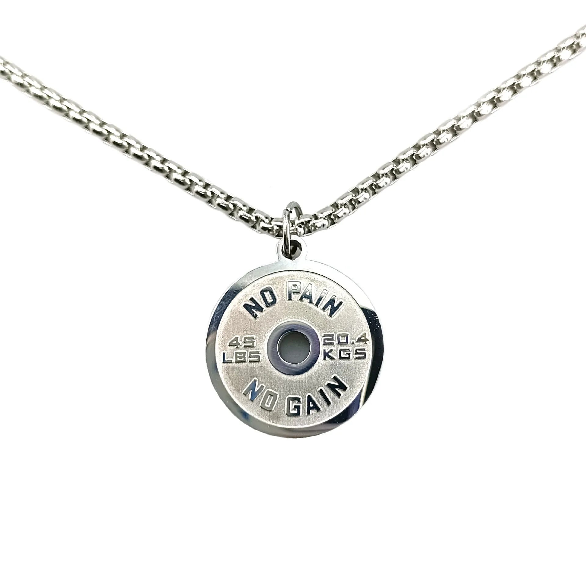 Stainless steel barbell disk sports necklace on a choice of pearl, gold, or black 60cm chain.