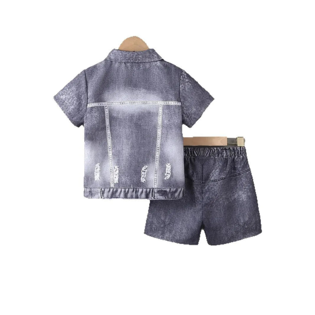 Girls' broken hole design shorts suit two-piece set in gray polyester fabric for summer