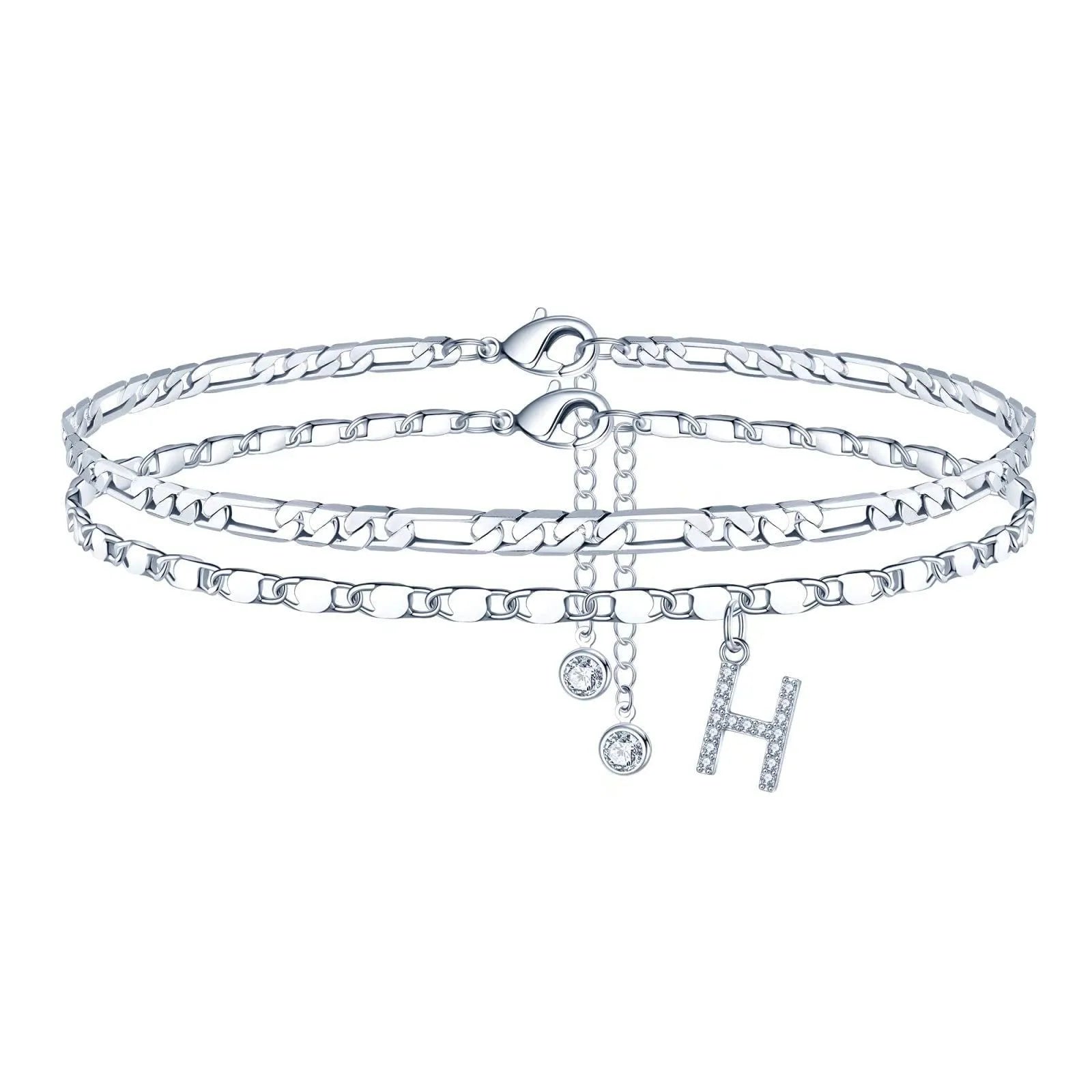 Silver colour copper anklet with double-circle design and text bead elements on ankle
