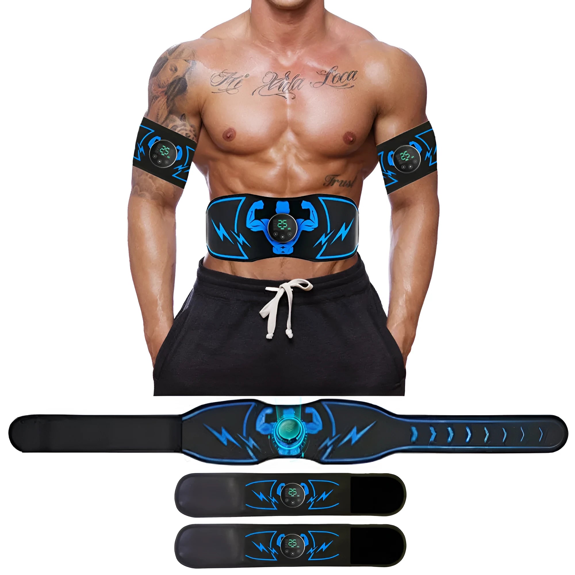 Blue EMS abdominal slimming belt with wireless remote control and electrotherapy stickers