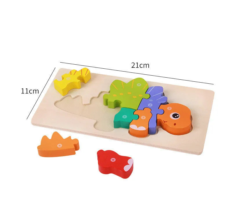 Wooden building blocks for children's 3D dinosaur puzzles including T-Rex and Triceratops