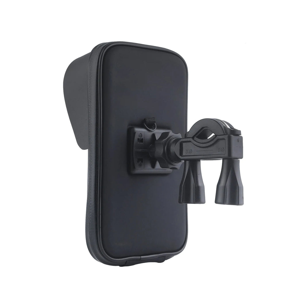 XL waterproof PU leather bicycle phone bag mounted on handlebars, showing sun visor and DFA colour options.