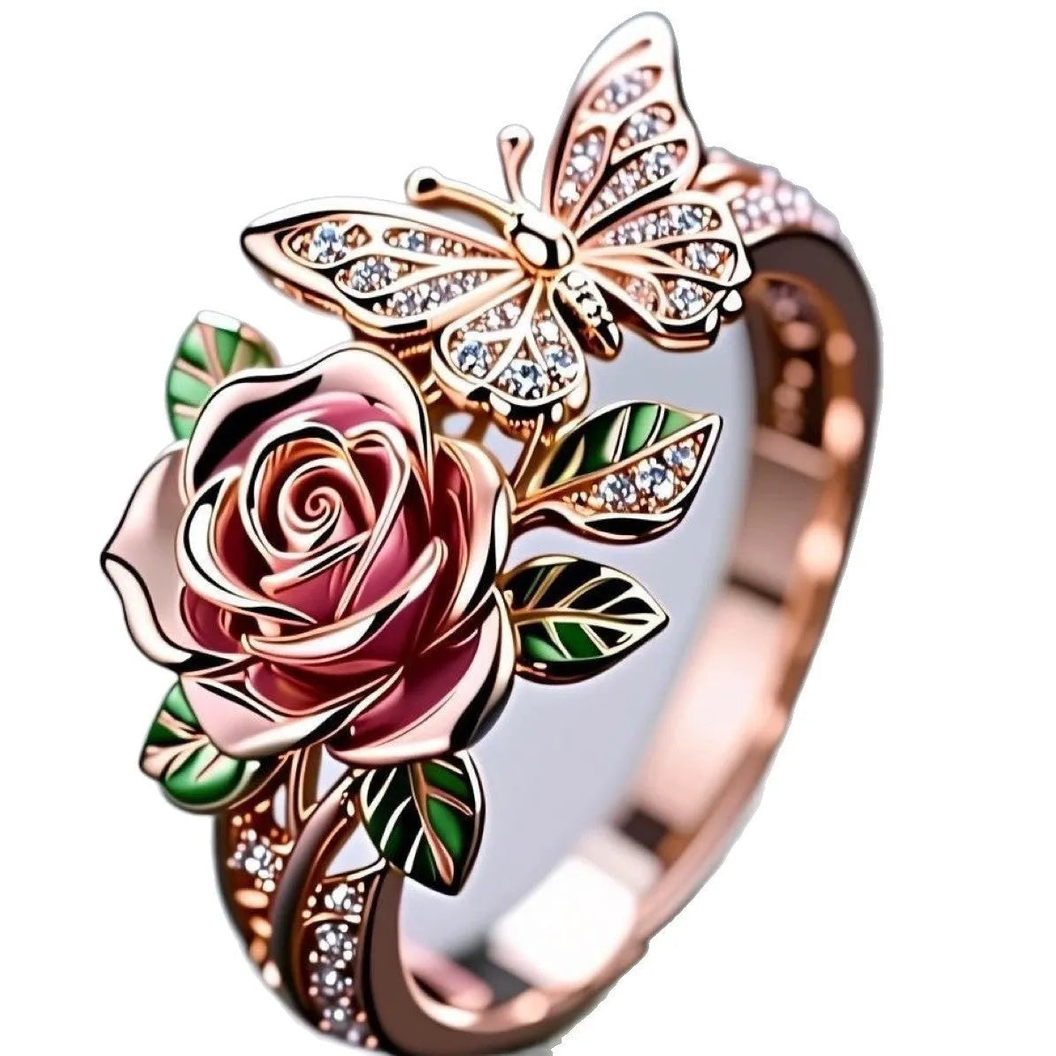 Close-up of an adjustable alloy ring with a colourful oil-drip finish, showing detailed butterfly and floral modelling.
