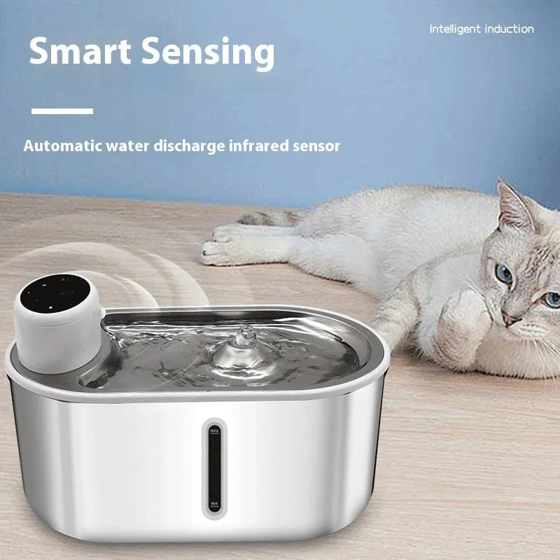 Silver non-plug-in infrared induction pet drink fountain made from all stainless steel with 4000mAh capacity