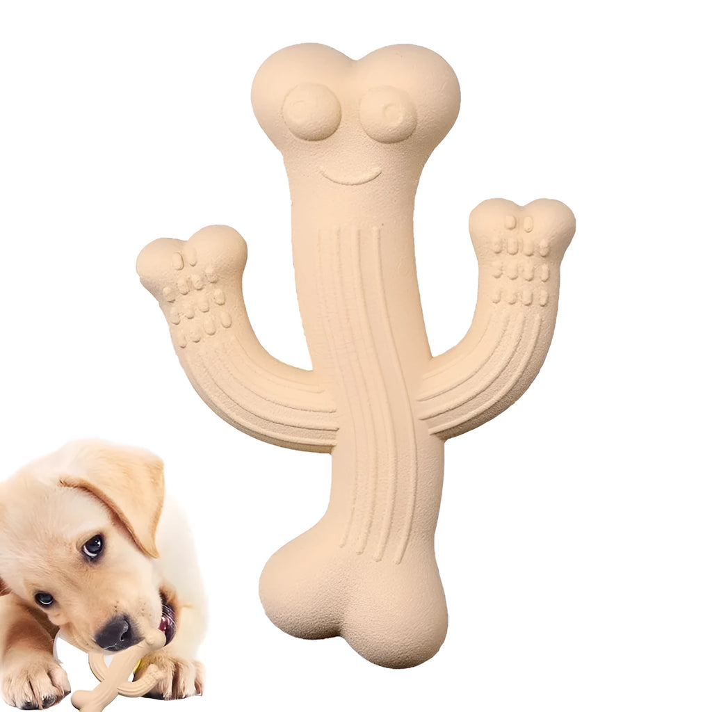 Beige, blue, and purple cactus-shaped dog chew toy made from bamboo fibre and rubber