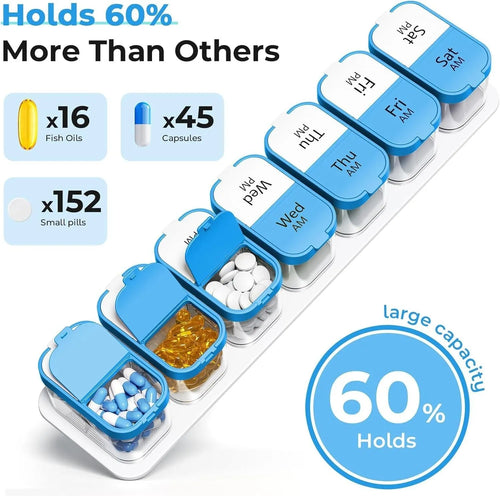 Extra large white and rainbow coloured plastic pill organiser box with 14 removable compartments.
