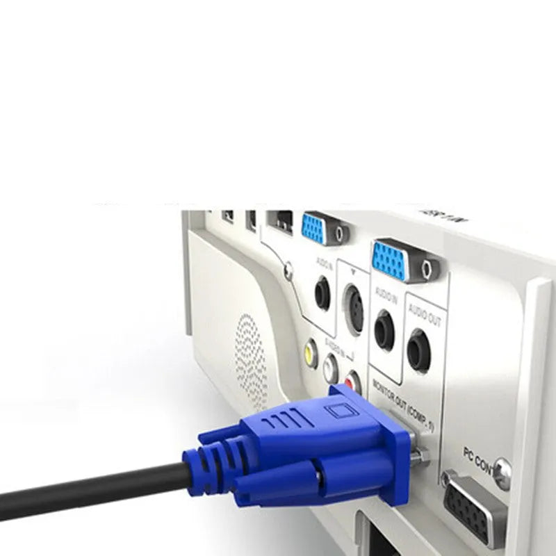 Black VGA cable with blue connector heads, 1.5 metre length for computer to monitor video connection