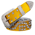 Ladies cowhide leather belt with rhinestone D-shape pin buckle, diamond-studded pattern, available in multiple colours and sizes