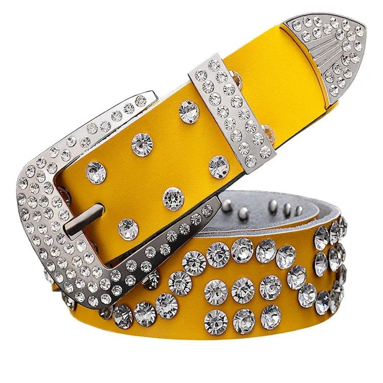 Ladies cowhide leather belt with rhinestone D-shape pin buckle, diamond-studded pattern, available in multiple colours and sizes