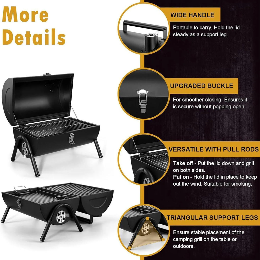 Small black folding desktop charcoal barbecue grill with a metal cooking grate.