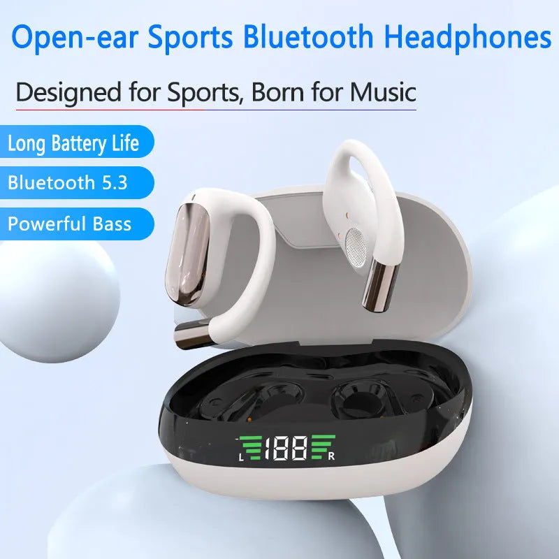 Bluetooth earphones hanging on the ear in black colour with ear hook design and digital display screen