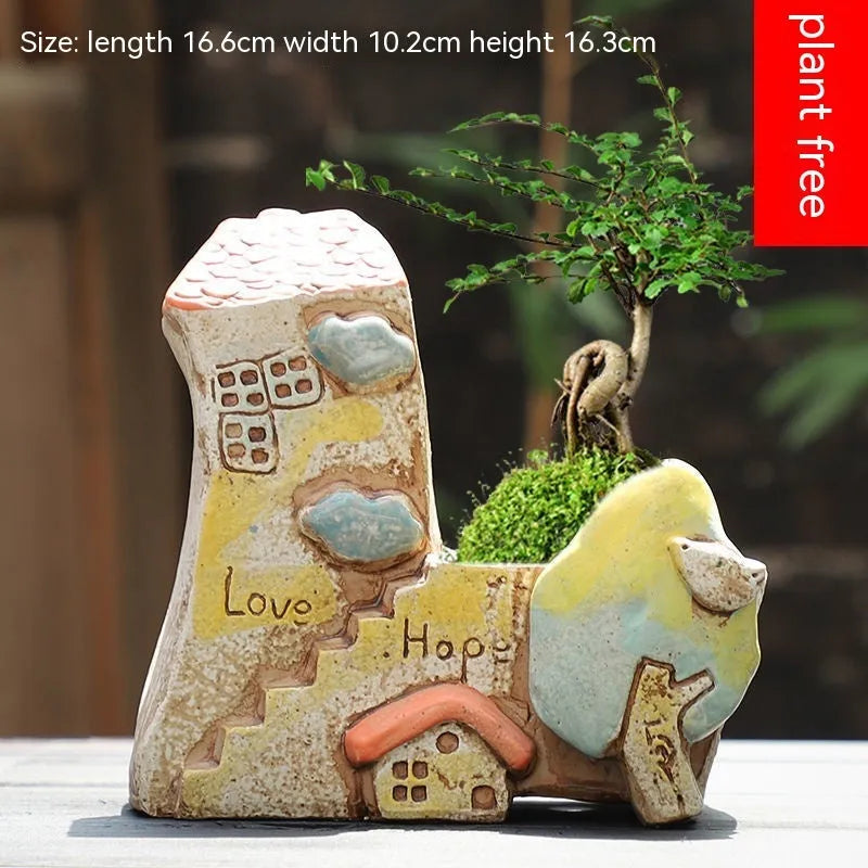 Ceramic combination flower pot with hand-painted pastoral design for plant display