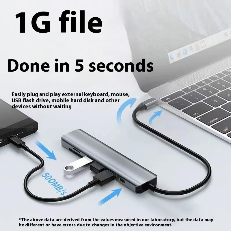 A USB-C 7-in-1 multi-function expansion dock hub with an attached 15cm cable.
