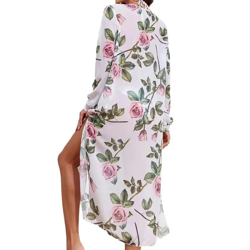 Women's white printed three-piece bikini swimsuit set with bra, shorts and cover-up coat