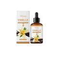 30ml glass bottle of vanilla flavoured oil with a dropper on a wooden background.